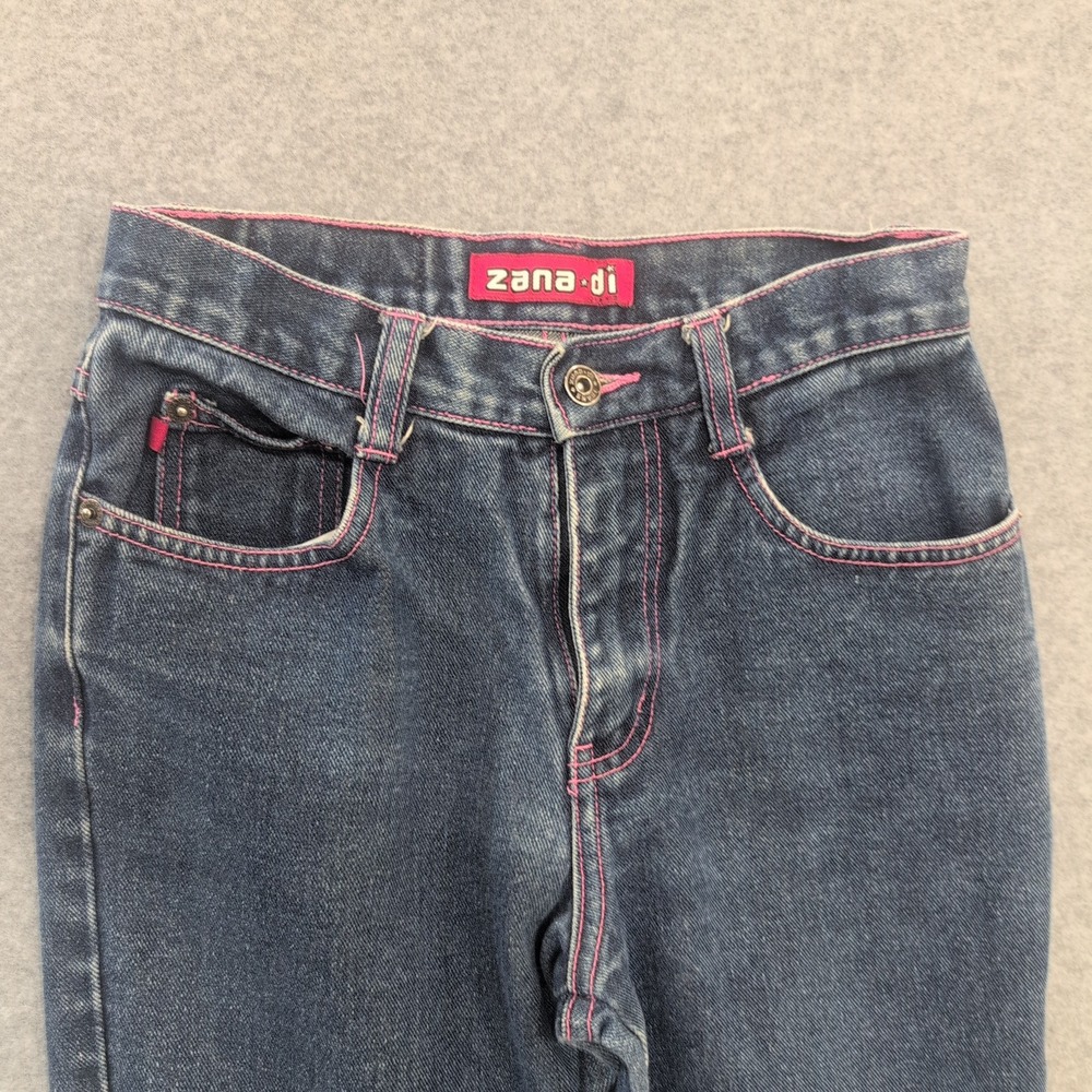 Zana Di Girls Flare Jeans Size 12 Blue‎ Denim Pink Stitching Whiskering Casual - Picture 2 of 5